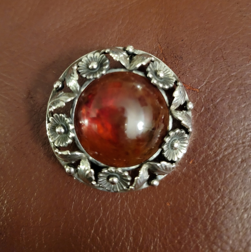 Vintage Sterling Silver and Amber Brooch